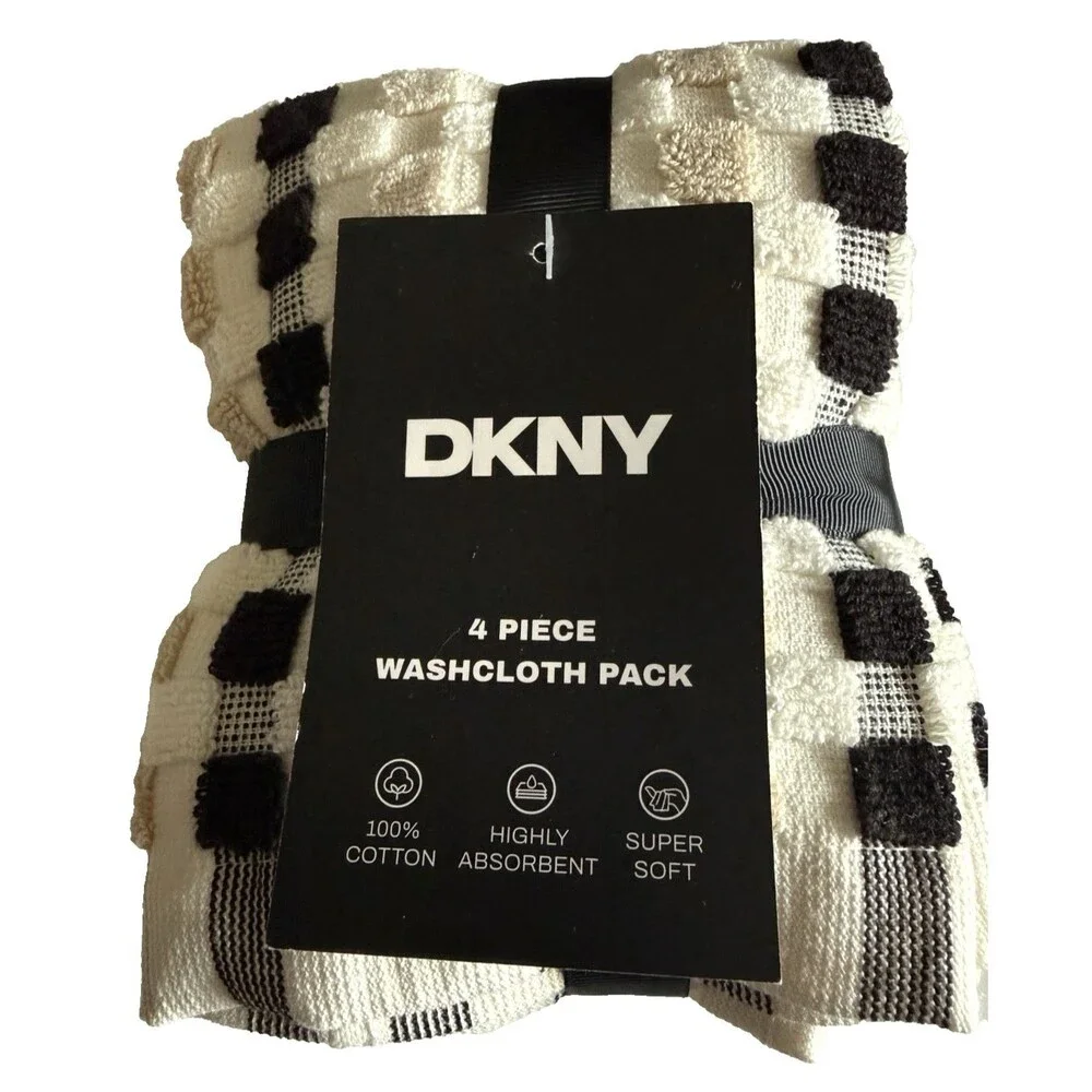 DKNY Facecloths Washcloths Set of 4 Black Beige White Check 100% Cotton Soft